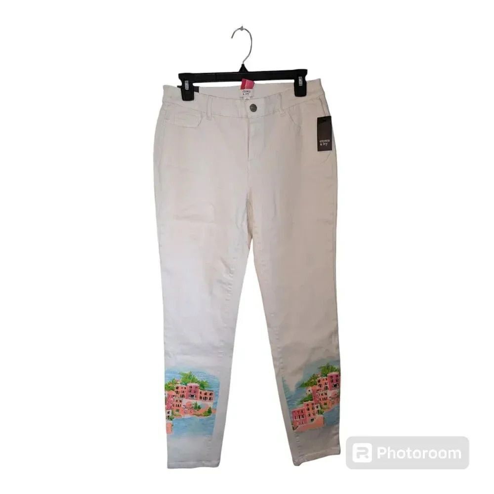 Crown Ivy Pants Womens 8 White Tropicalia Pockets Skinny Stretch Jeans Pants NWT